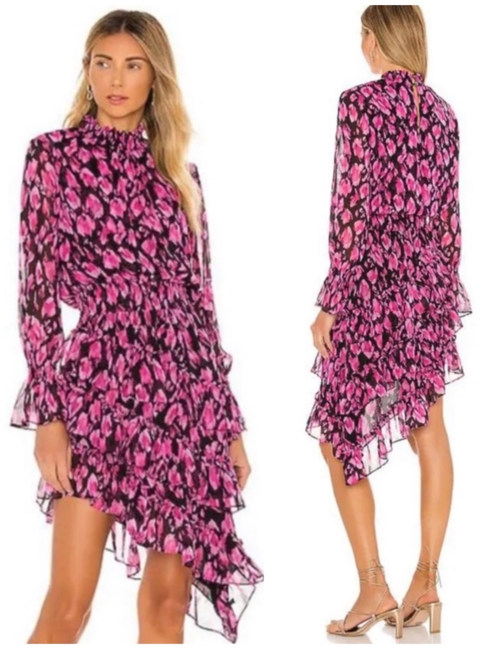 Misa Los Angeles Lupita Pink Floral Long-Sleeve Ruffle Midi Dress NWT $356